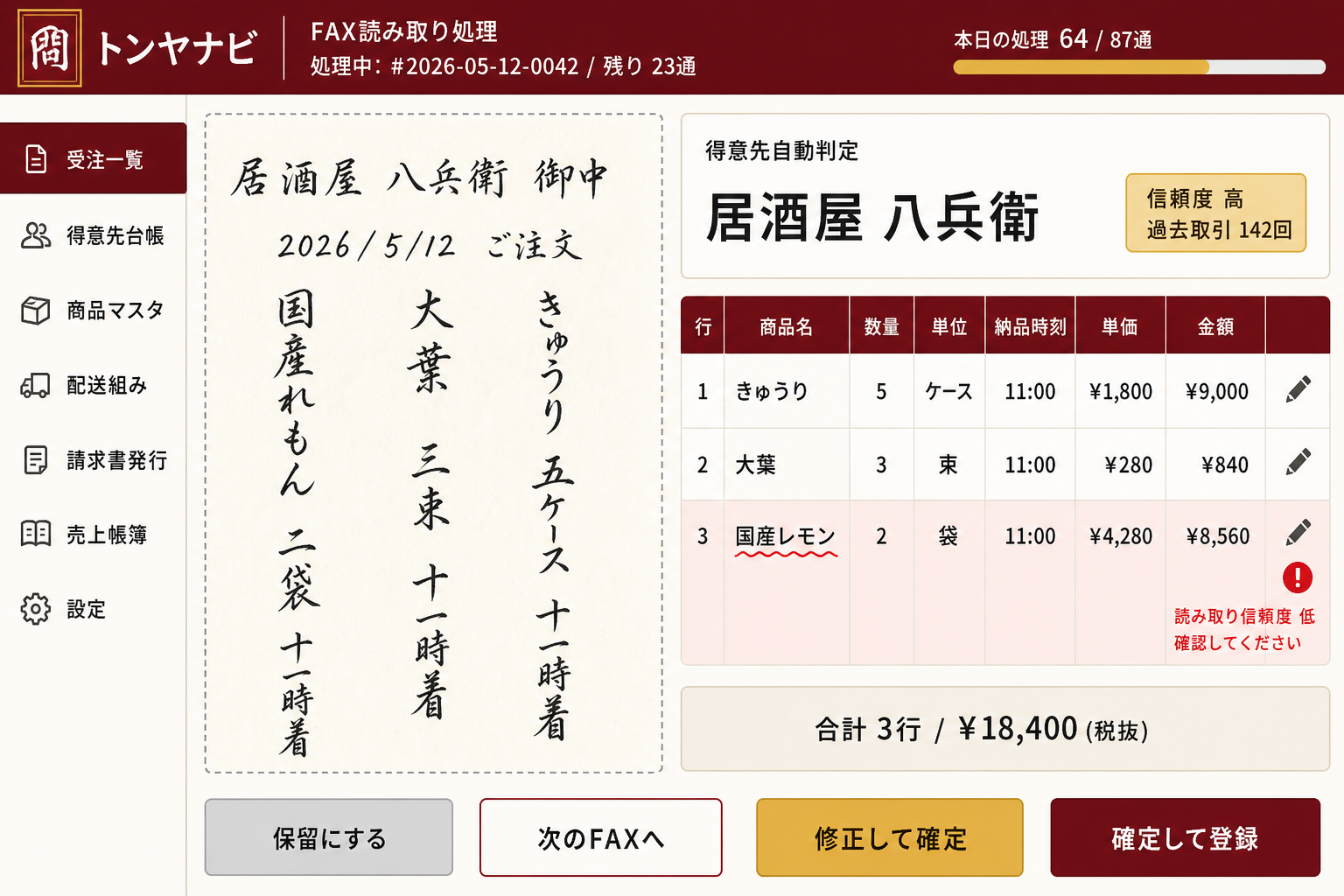 FAX注文書の自動読み取り画面 (スキャンしたFAX画像と読み取り結果を左右に並べ、読めない手書き文字は赤印で表示。番頭さんがその場で修正)